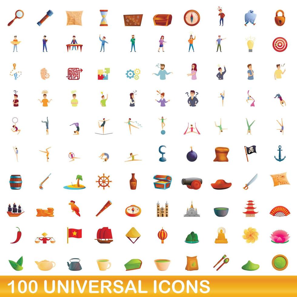 100 universal icons set, cartoon style vector