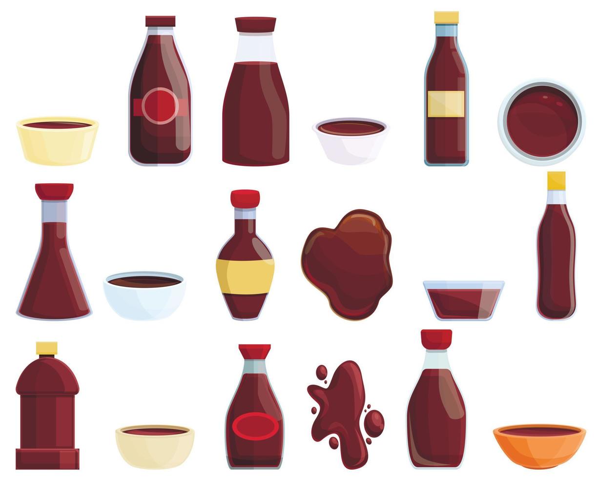 Soy sauce icons set, cartoon style vector