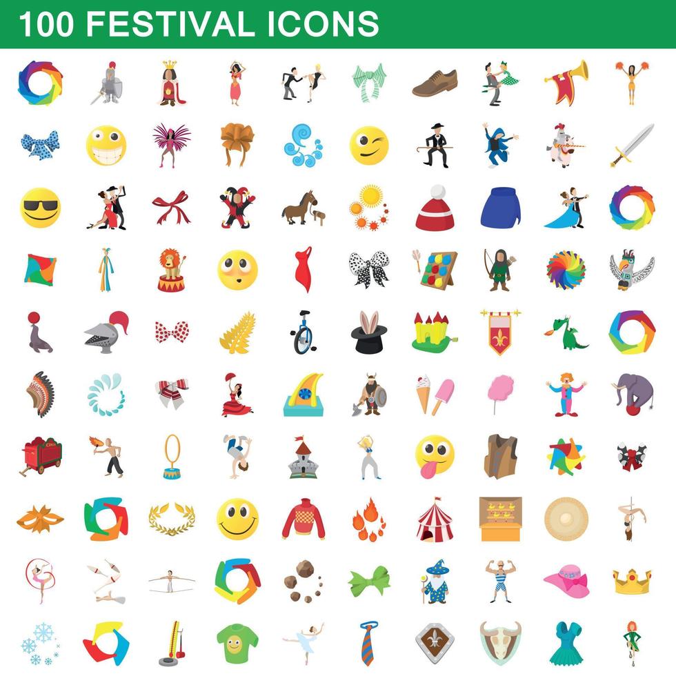 100 festival, conjunto de iconos de estilo de dibujos animados vector