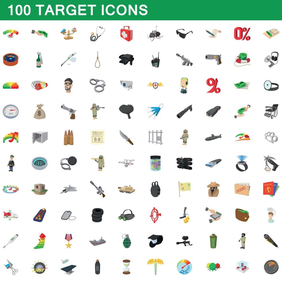 100 target icons set, cartoon style vector