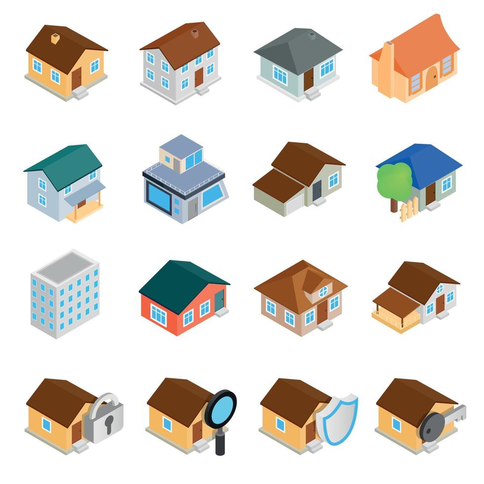 Houses isometric 3d icons set vector