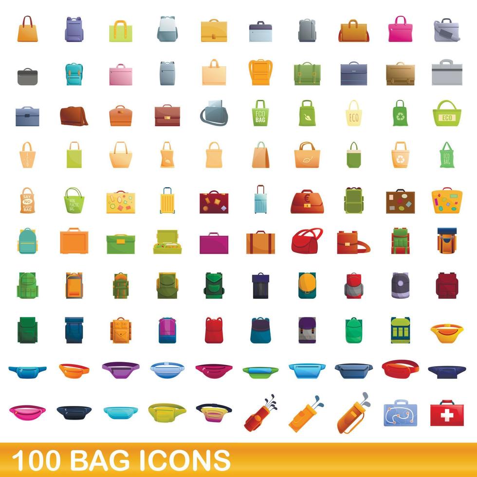 100 iconos de bolsa, estilo de dibujos animados vector