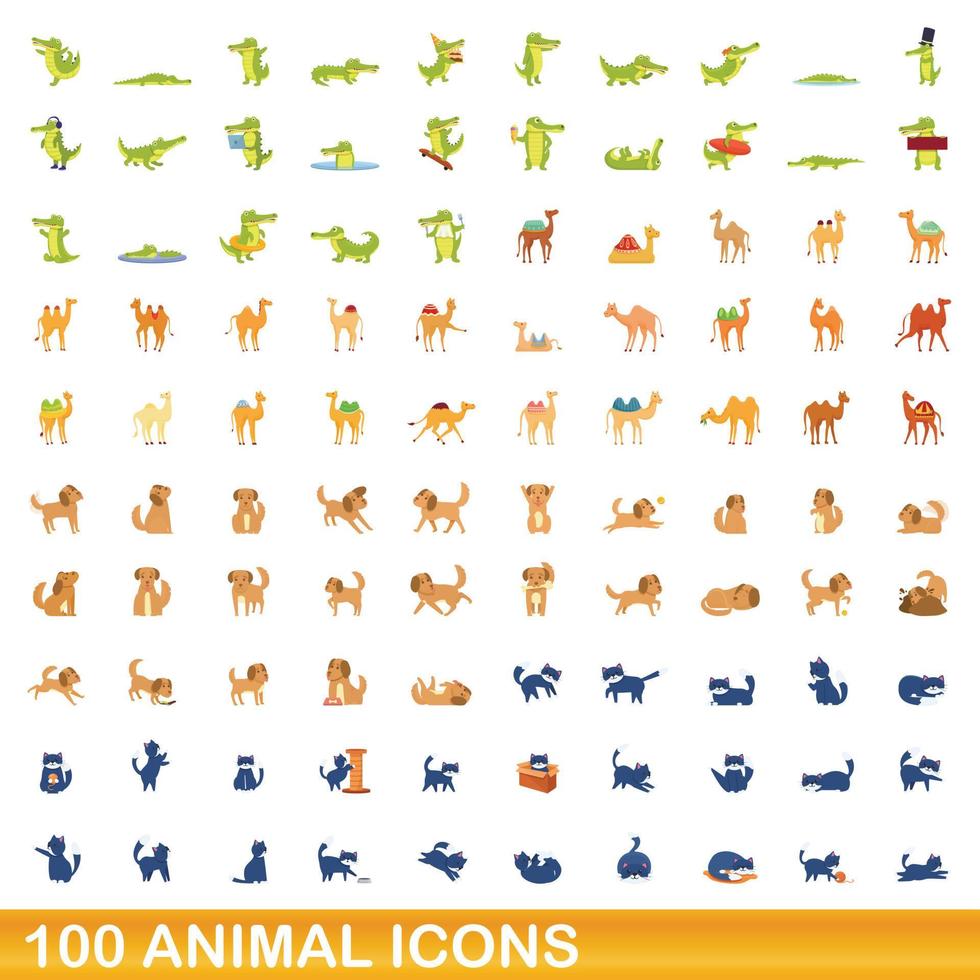 100 animales, conjunto de iconos de estilo de dibujos animados vector