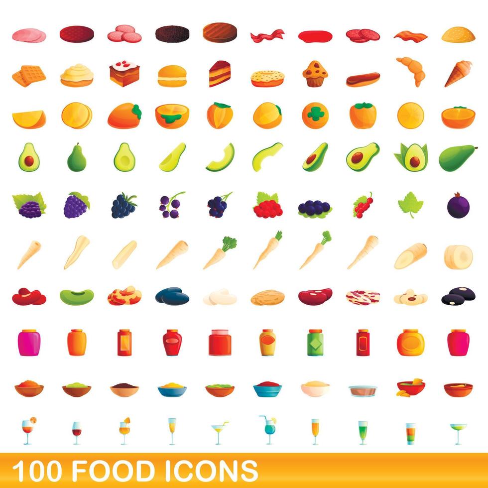 100 iconos de alimentos, estilo de dibujos animados vector