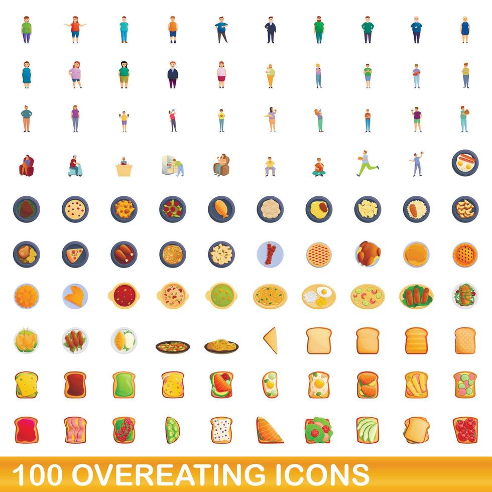 100 overeating icons set, cartoon style vector