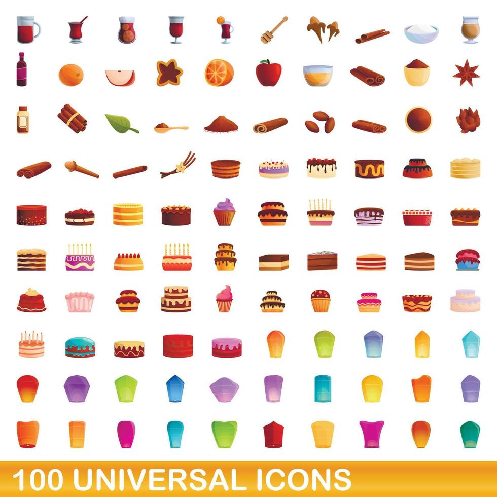 100 universal icons set, cartoon style vector