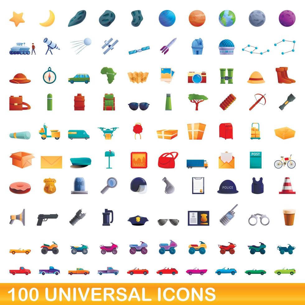 100 universal icons set, cartoon style vector