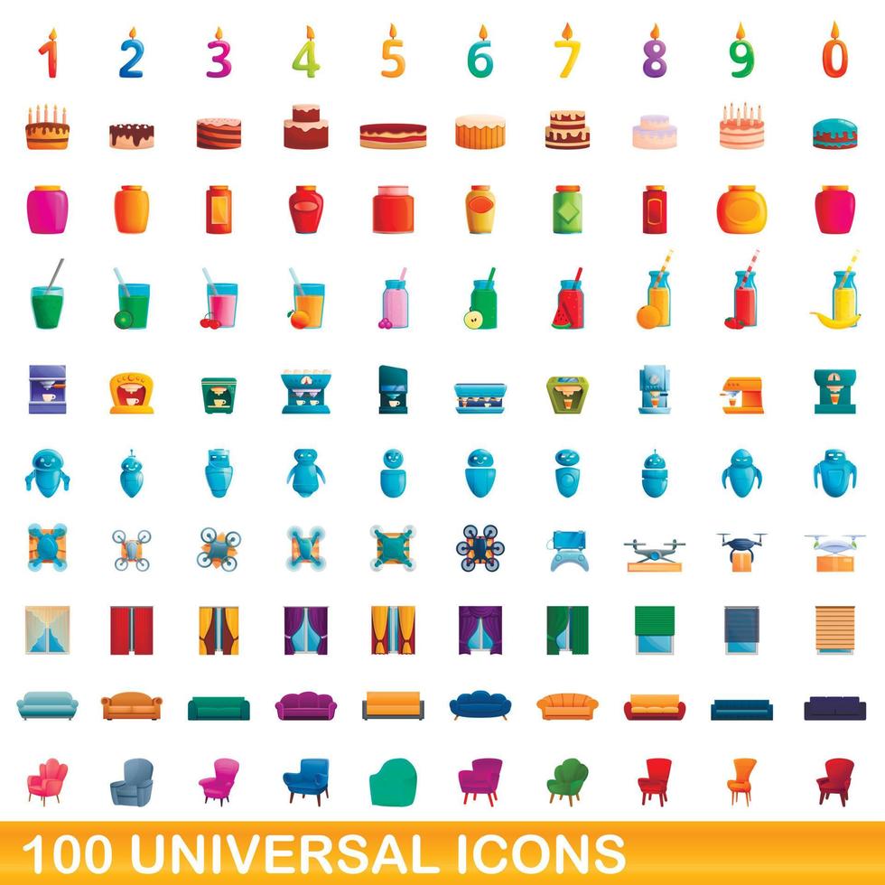 100 universal icons set, cartoon style vector