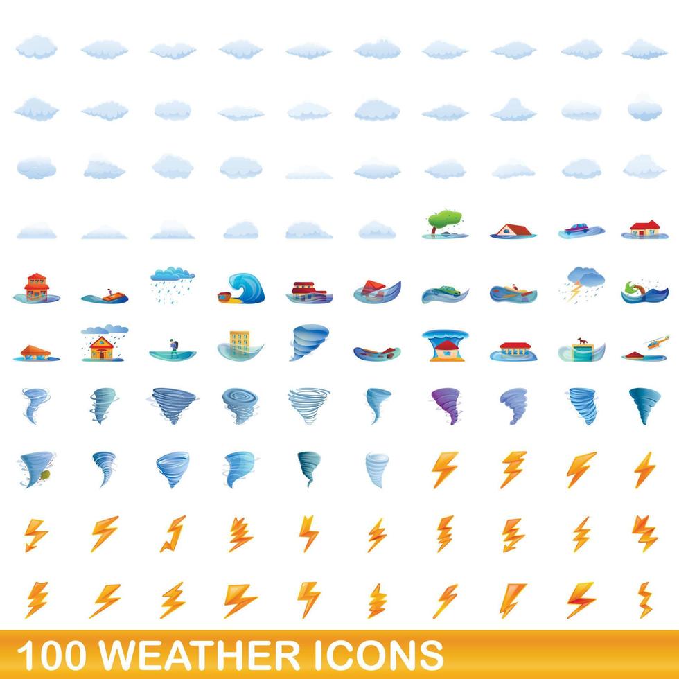 100 iconos meteorológicos, estilo de dibujos animados vector
