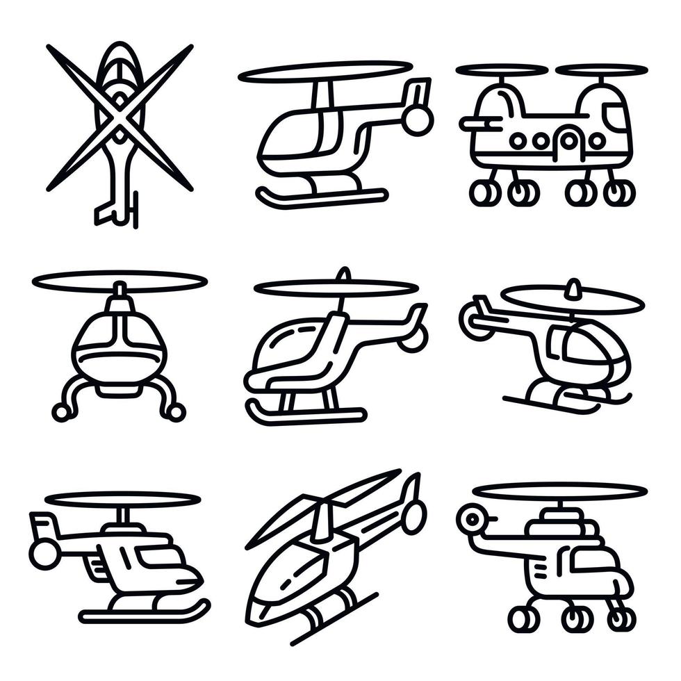 conjunto de iconos de helicóptero, estilo de esquema vector