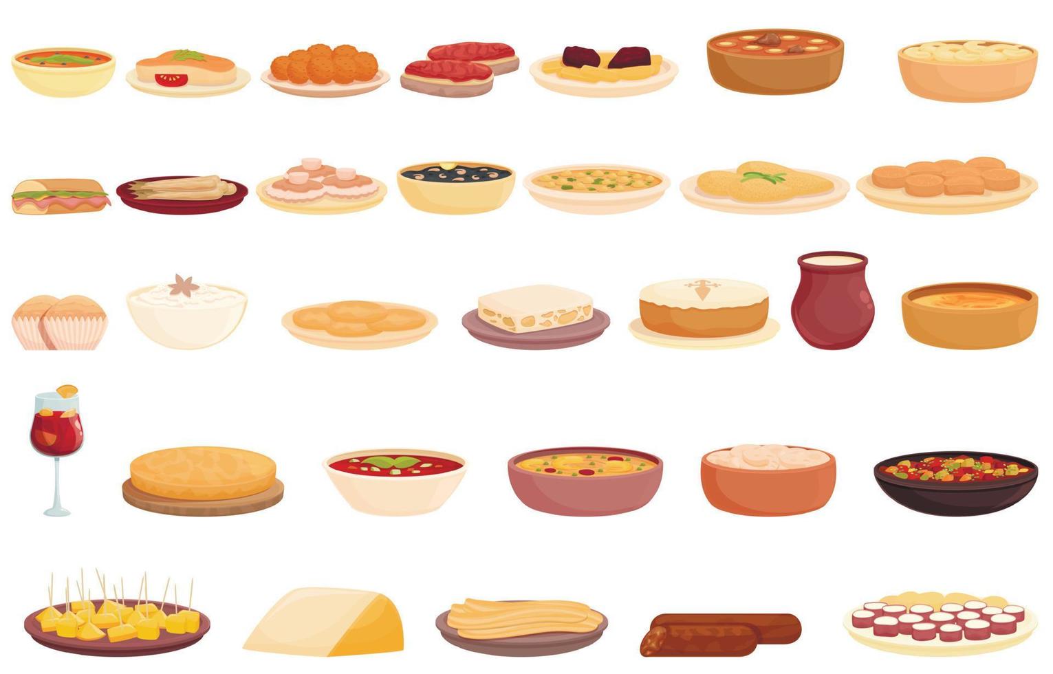 iconos de cocina española establecen vector de dibujos animados. plato de comida