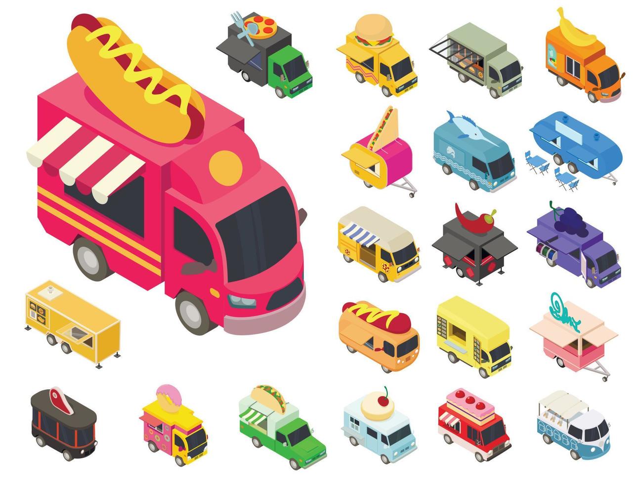 Food truck icons set, isometric style vector