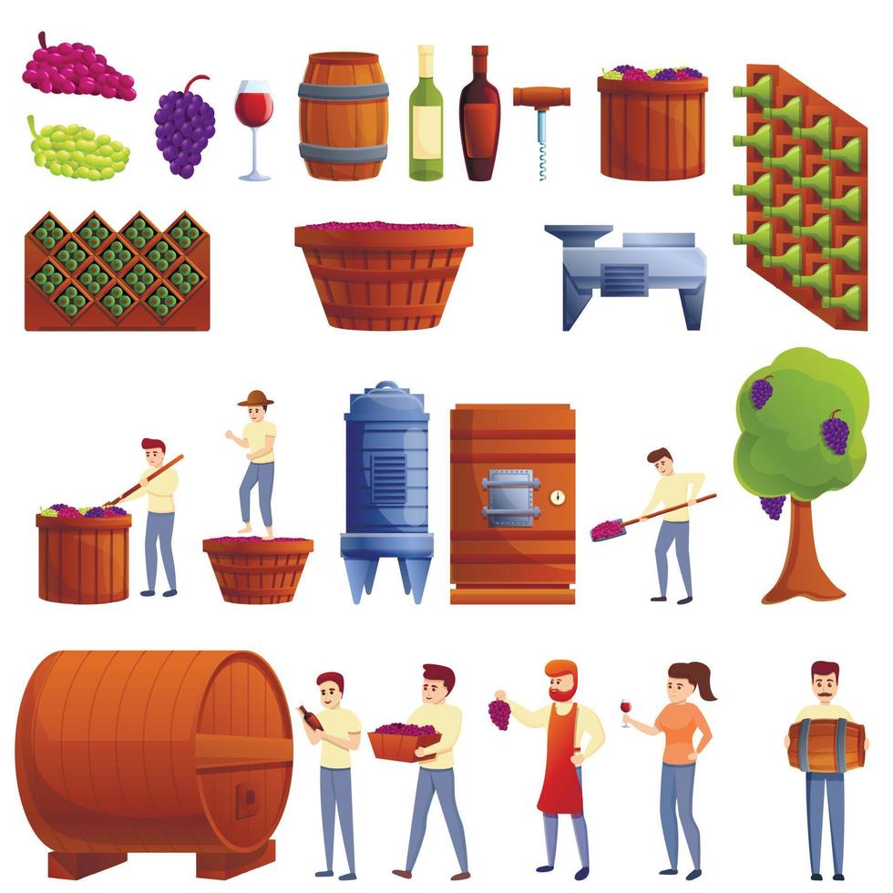 Winemaker icons set, cartoon style vector