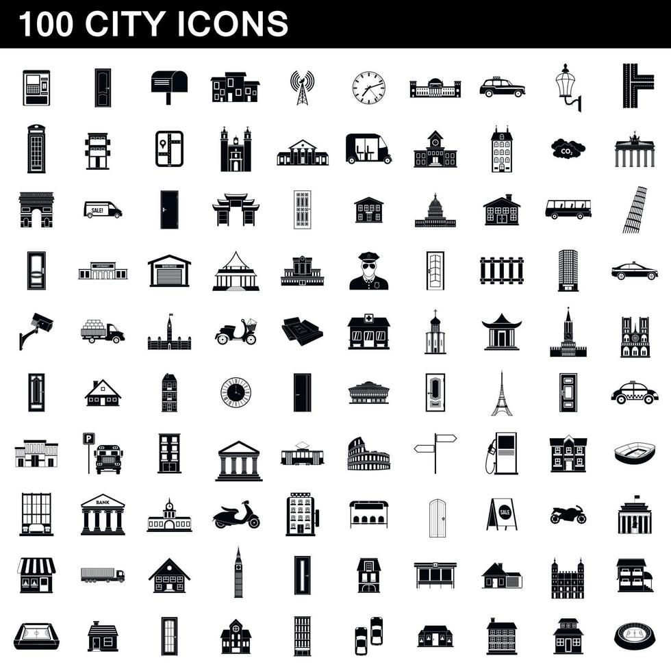 100 city icons set, simple style vector