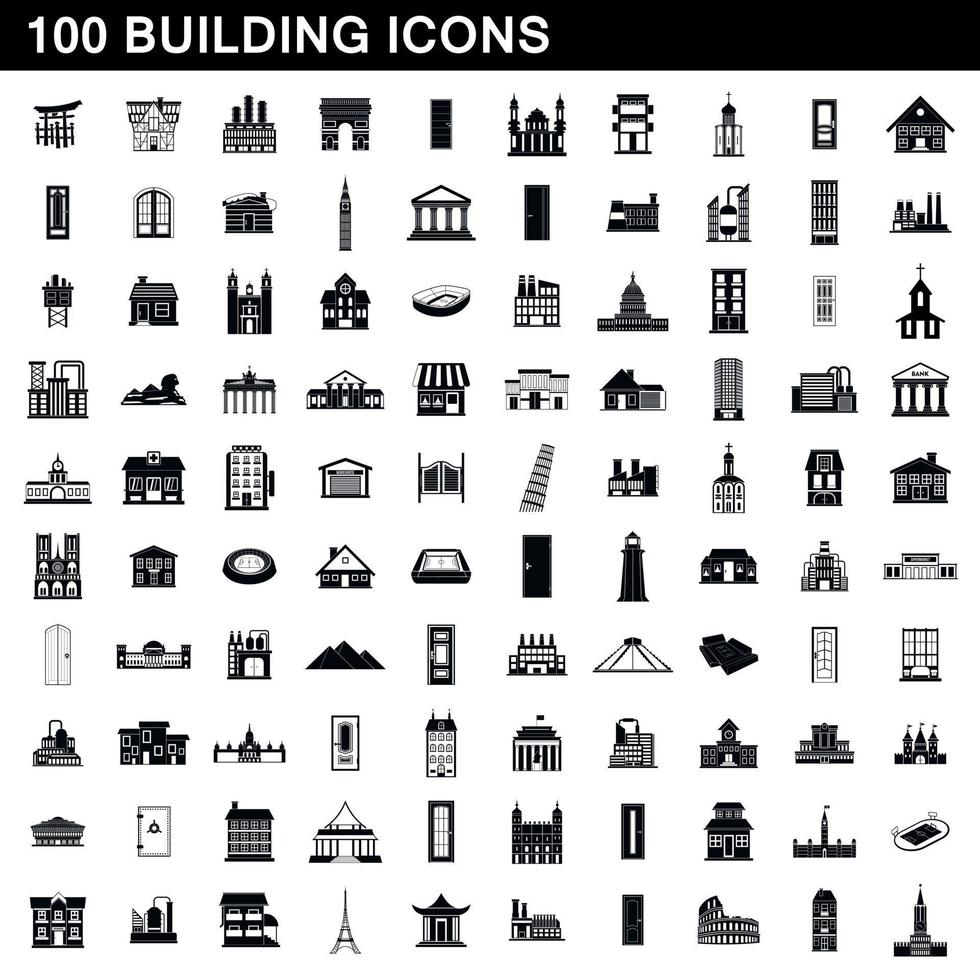 100 building icons set, simple style vector