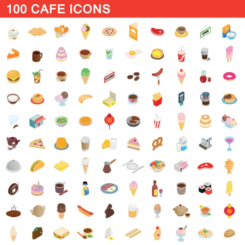 100 cafe icons set, isometric 3d style vector
