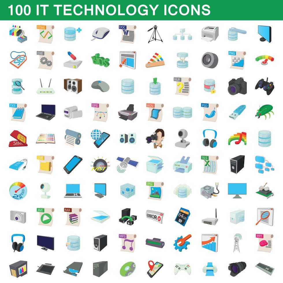 100 it technology icons set, cartoon style vector