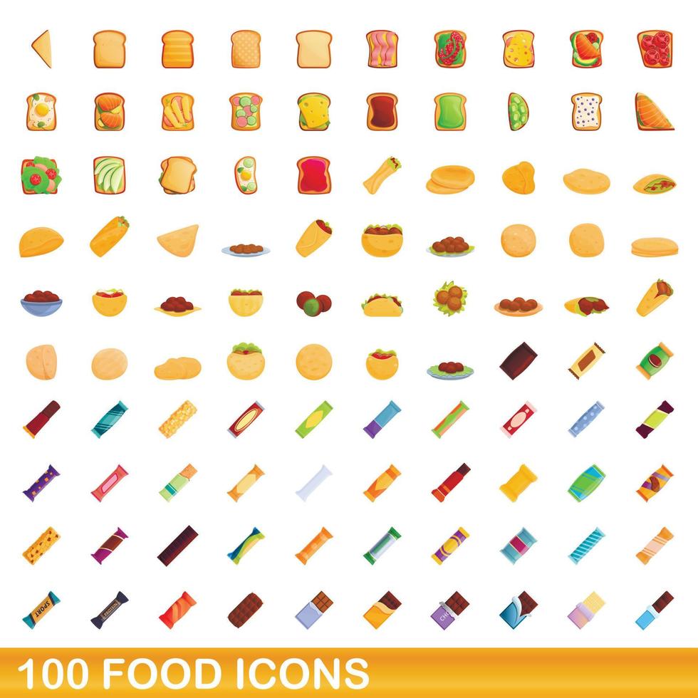 100 iconos de alimentos, estilo de dibujos animados vector