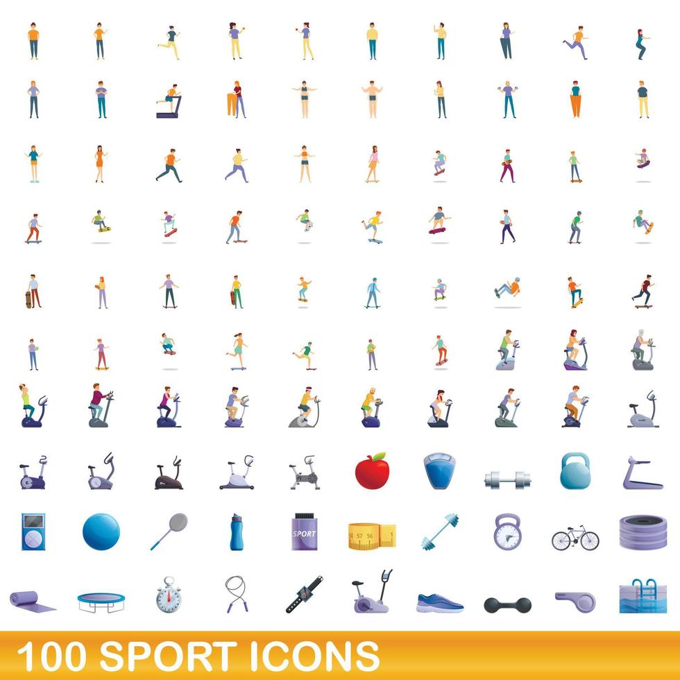 100 iconos deportivos, estilo de dibujos animados vector