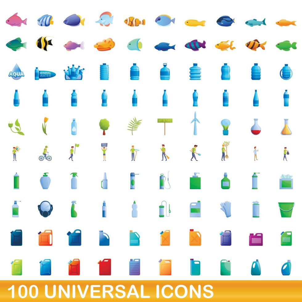 100 iconos universales, estilo de dibujos animados vector