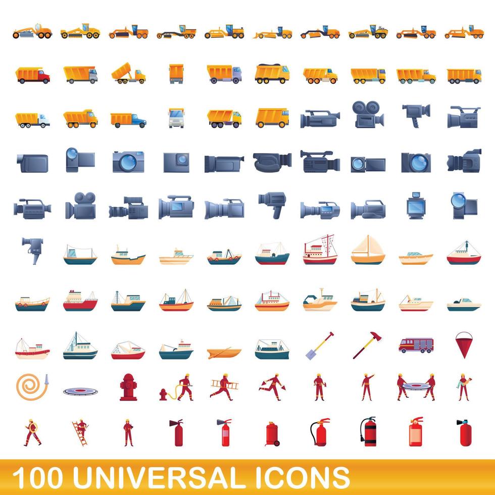 100 universal icons set, cartoon style vector