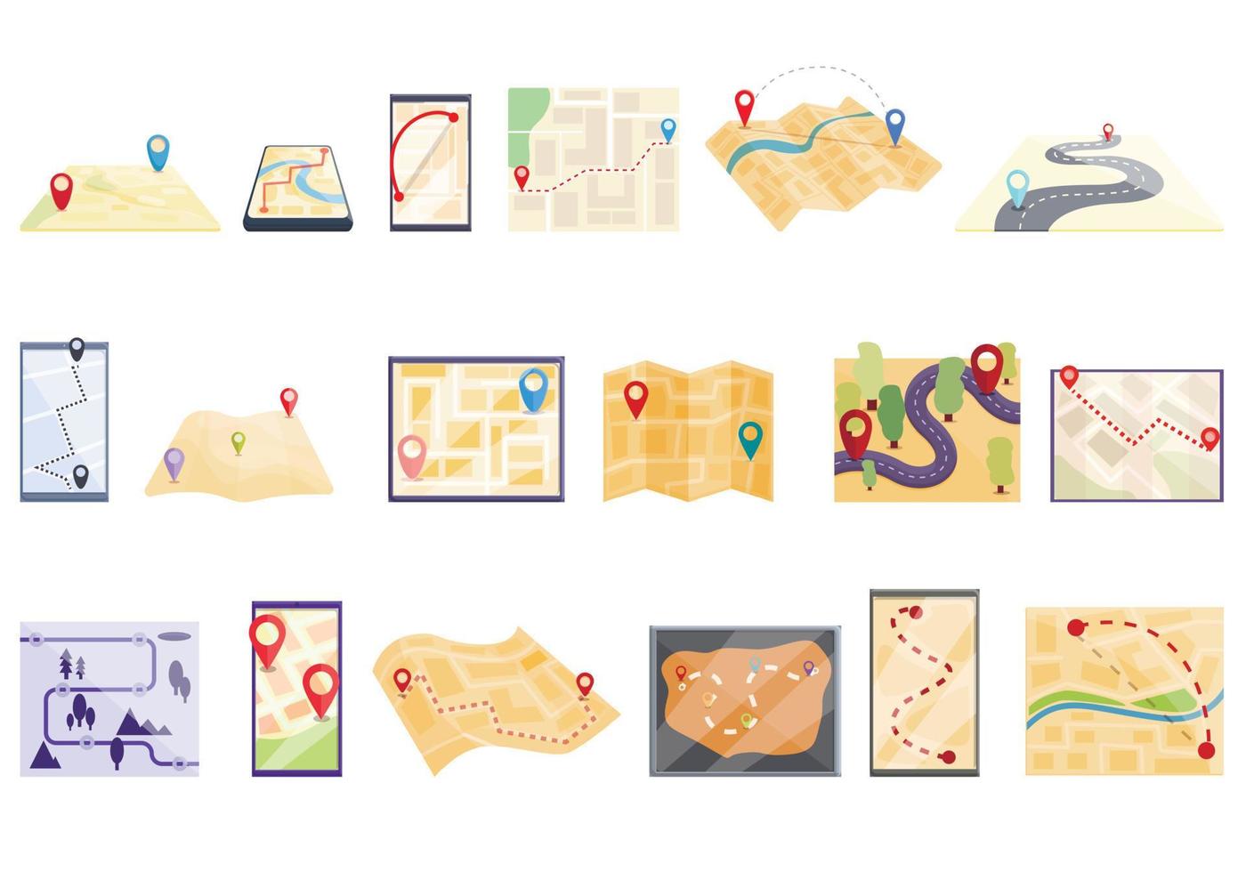 Itinerary icons set, cartoon style vector