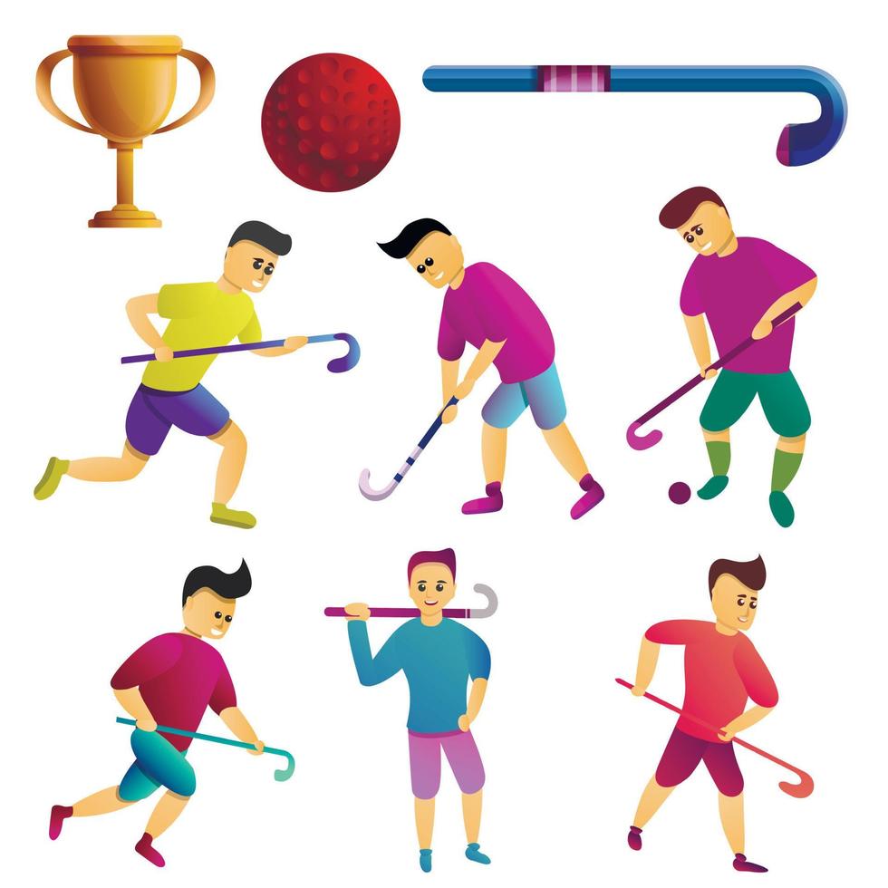 conjunto de iconos de hockey sobre césped, estilo de dibujos animados vector