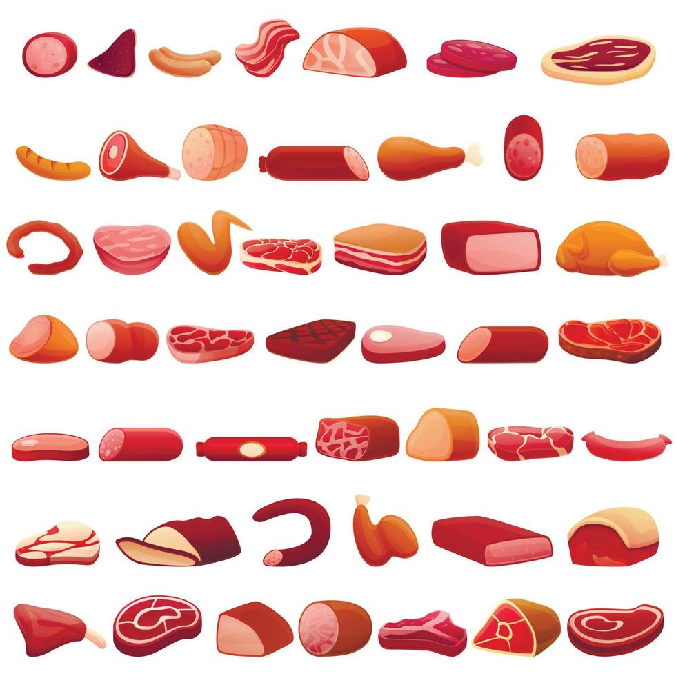 Meat icons set, cartoon style vector