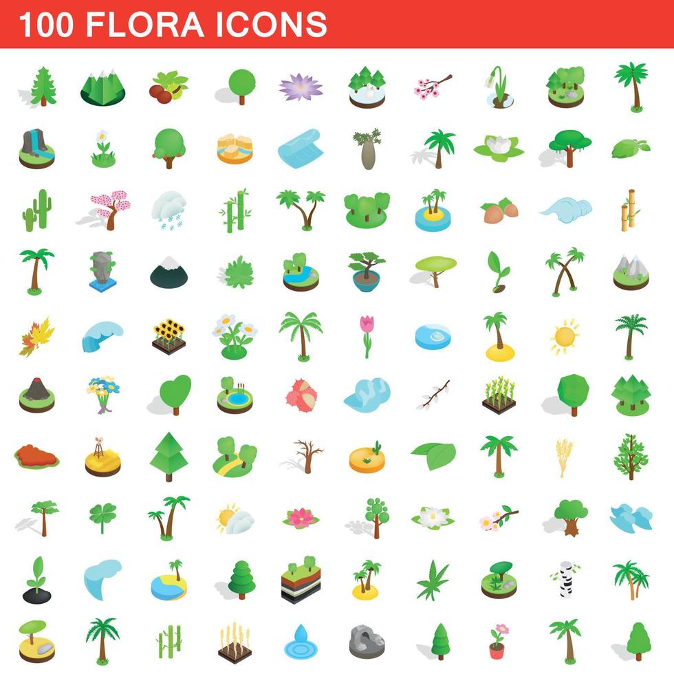 100 flora icons set, isometric 3d style vector