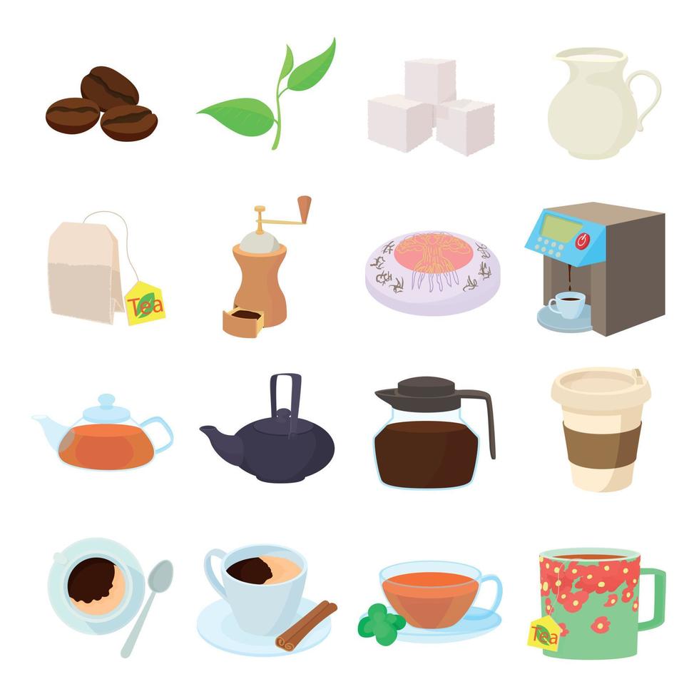 Coffee and tea icons set, cartoon style vector