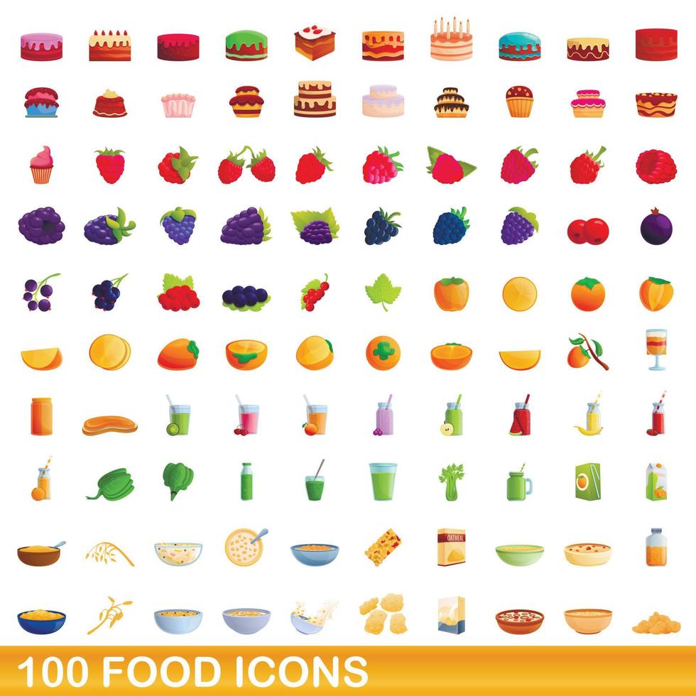 100 iconos de alimentos, estilo de dibujos animados vector