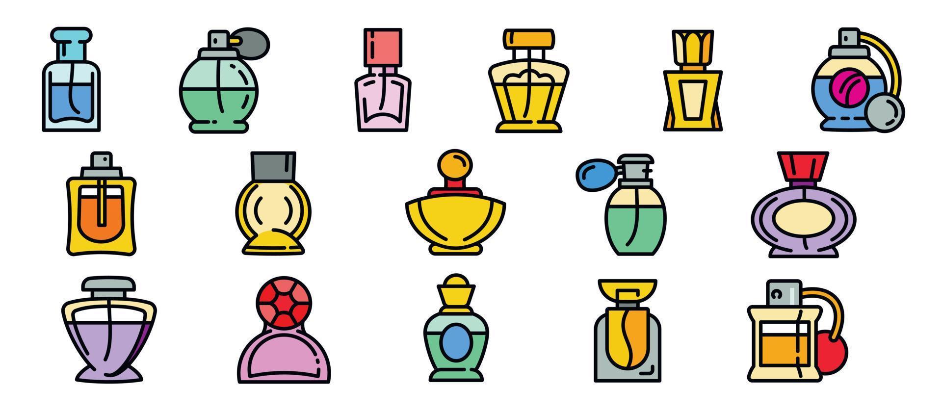 conjunto de iconos de botellas de fragancia, estilo de esquema vector