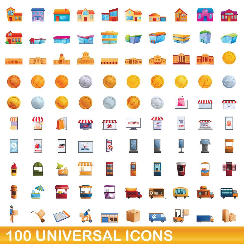 100 universal icons set, cartoon style vector