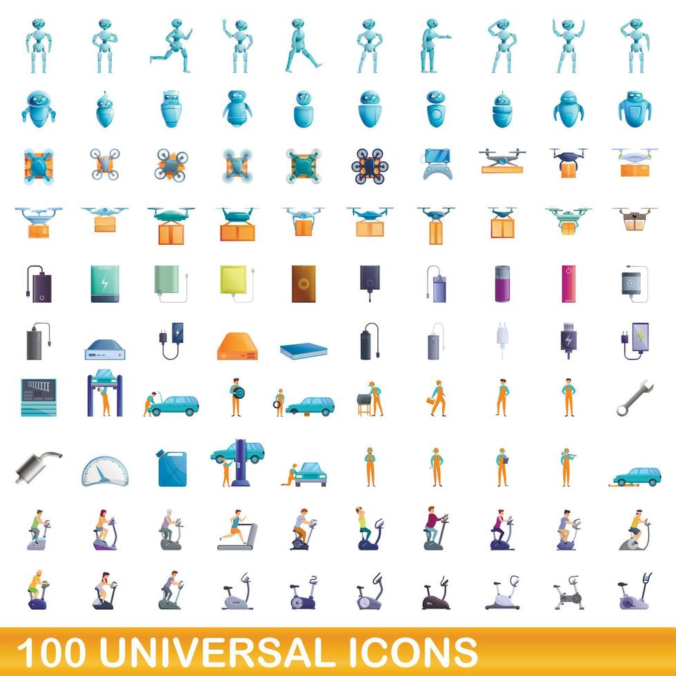 100 universal icons set, cartoon style vector