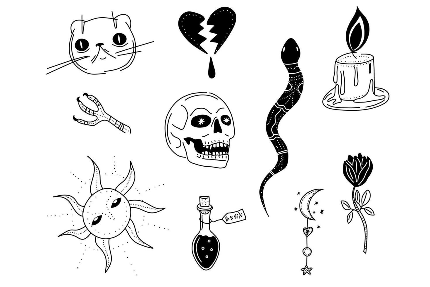 símbolo esotérico mágico - scull, serpiente, veneno, sol, luna, vela. bosquejo de bruja elemento mágico dibujado a mano, conjunto de iconos de ilustración de vector de bosquejo de tatuaje misterioso. brujería alquimia esotérica.