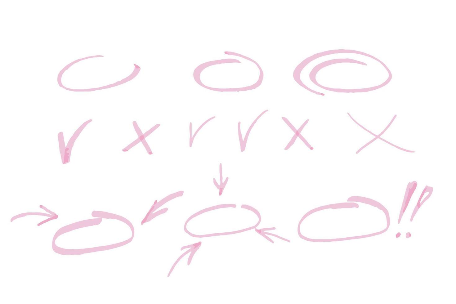 Highlight maker ovals lines, arrows, check, circle, cross, isolated on white background. Marker pen highlight underline strokes. Vector hand drawn graphic doodle element.