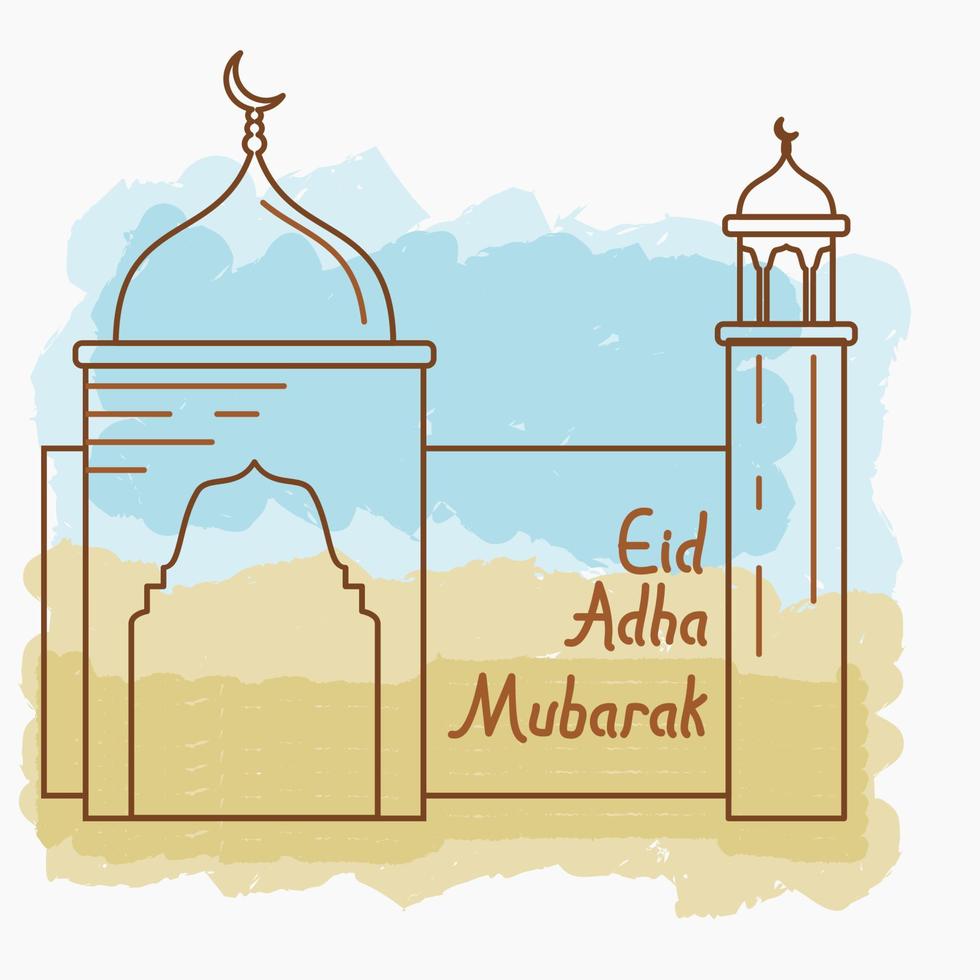 Editable Vector of Outline Style Mosque Illustration on Brush Stroked Background for Artwork Elements of Eid Adha Mubarak Islamic Holy Festival Design Concept