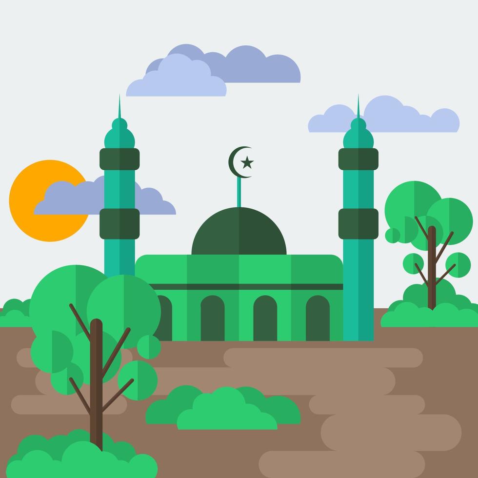 Editable Green Mosque in Fertile Environment Vector Illustration in Flat Style for Islamic Moments Like Ramadan and Eid