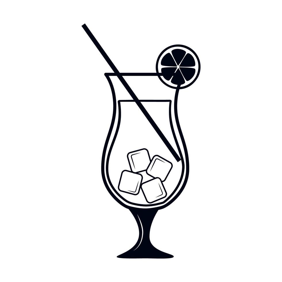 Cocktail with ice in classic glass. Black and white vector icon isolated on white background. Glyph is symbol of an alcoholic beverage