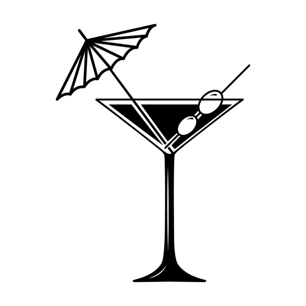 Martini cocktail with umbrella and olive in classic glass. Black and white vector icon isolated on white background. Glyph is symbol of an alcoholic beverage