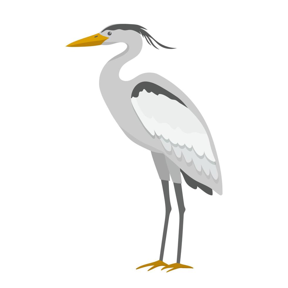 Crane cartoon illustration isolated on white background. Wetland grey bird standing. vector