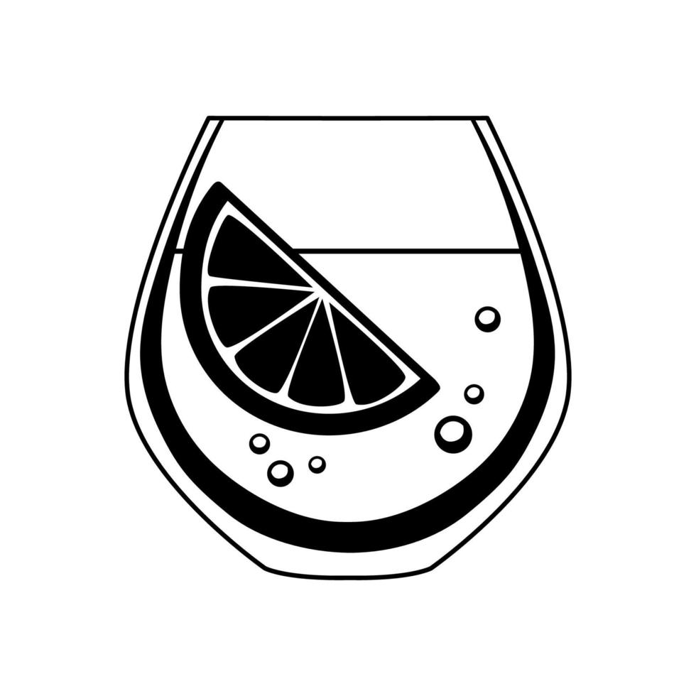 Cocktail with lemon in classic glass. Black and white vector icon isolated on white background. Glyph is symbol of an alcoholic beverage