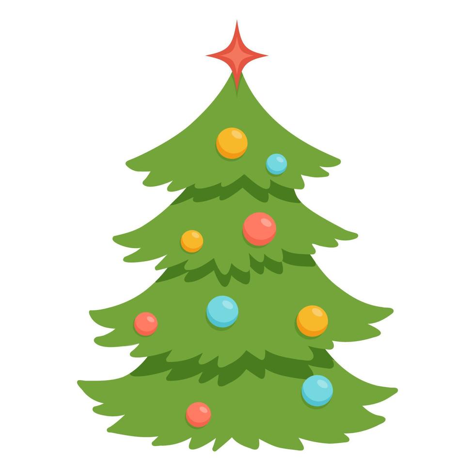Beautiful Christmas tree with red star and balls isolated on white background. Vector flat illustration