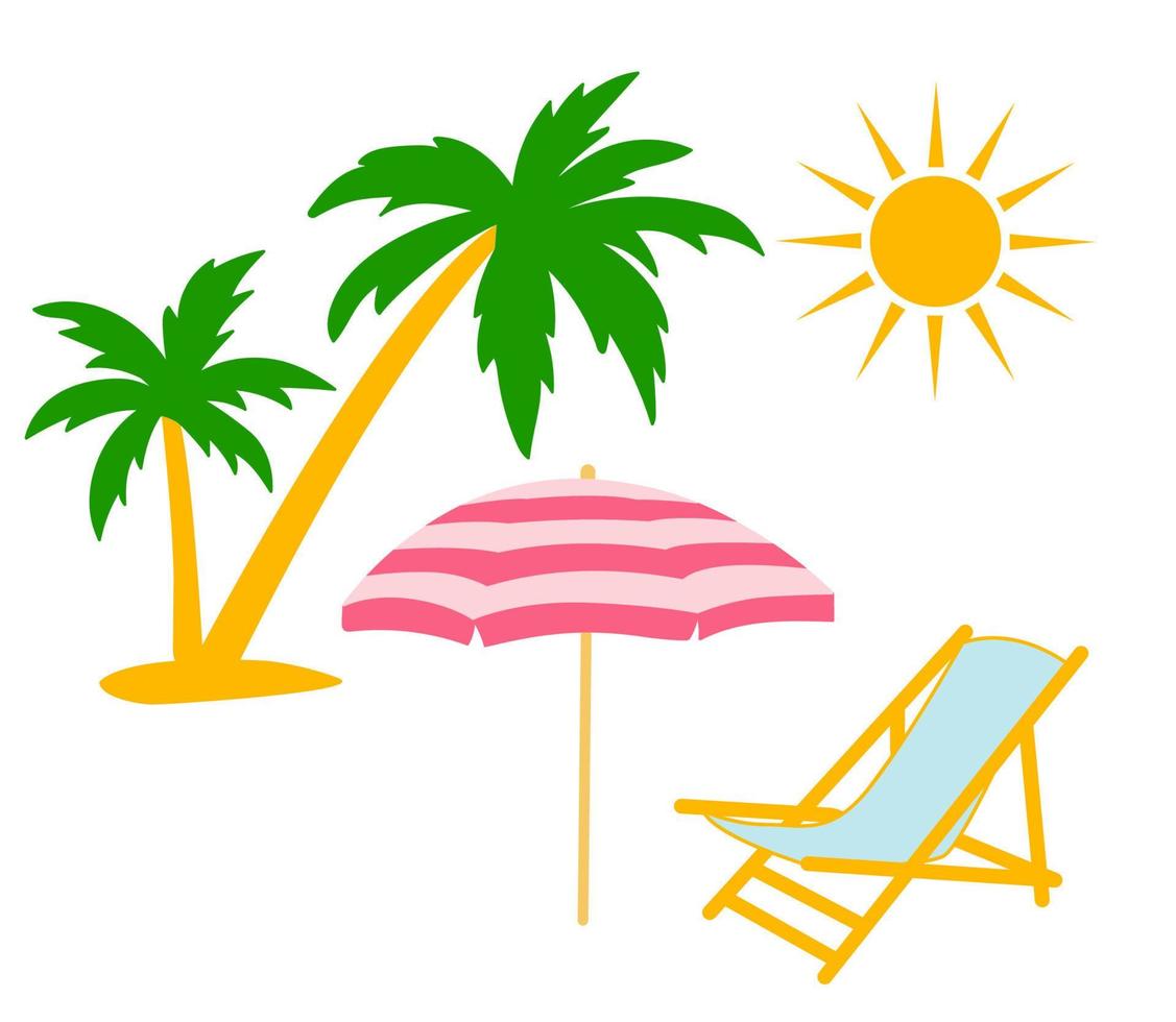 conjunto de elementos vectoriales. vacaciones de verano, sol, sombrilla de playa, palmera y sillón aislado en fondo blanco vector