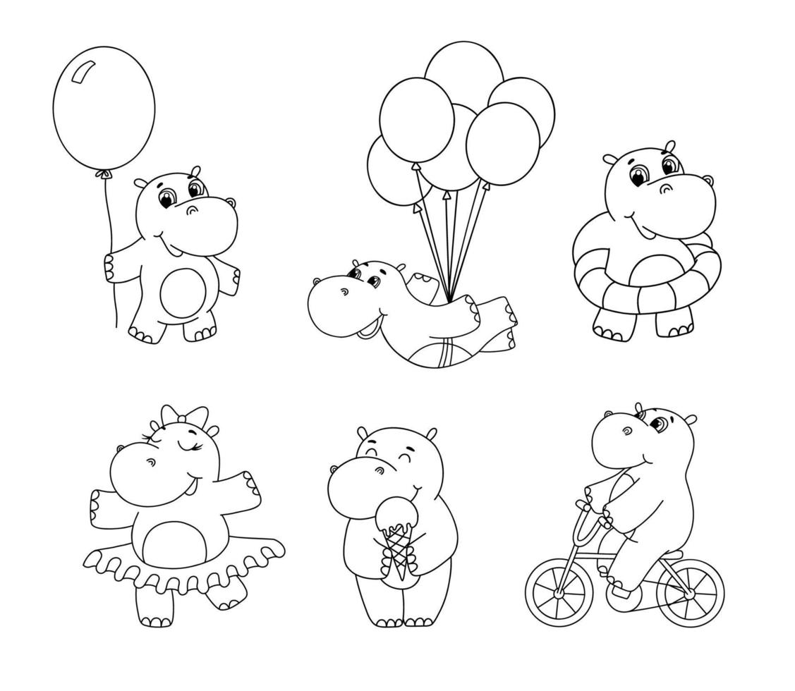 Cute little hippo outline drawing. Line art illustration for coloring book. Funny cartoon baby hippopotamus by bike, with balloon and ice cream isolated on white background vector