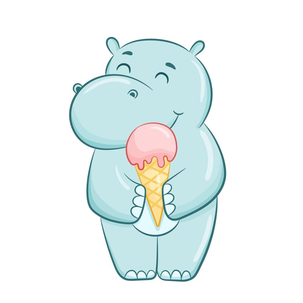 Hand drawn cute hippo with ice cream vector illustration. Cartoon hippopotamus isolated on white background. Cute baby character for printing, postcards and invitations