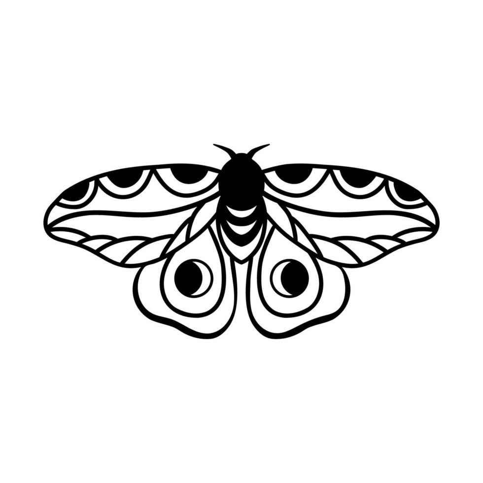 Night moth with crescent moon isolated on white background . Hand drawn celestial doodle moth vector. vector