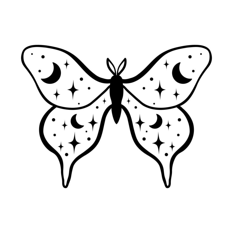 Night moth with crescent moon isolated on white . Hand drawn celestial doodle moth vector. vector