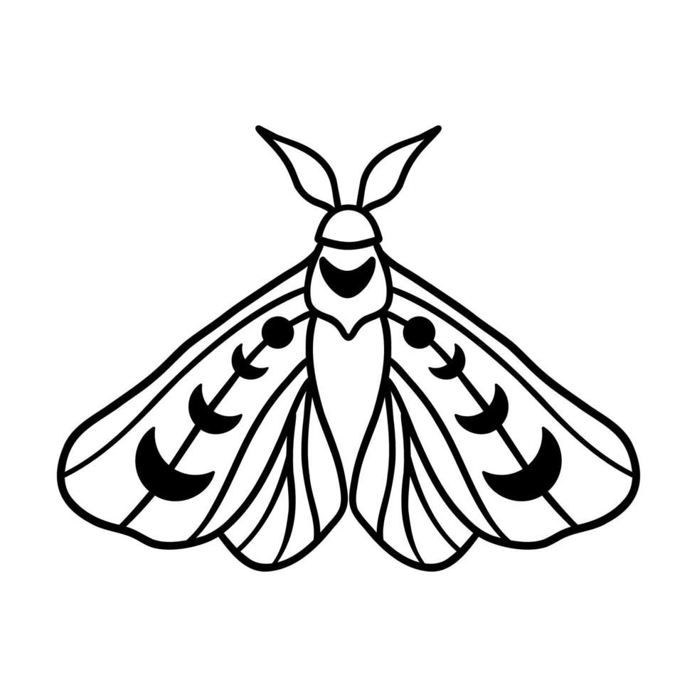 Night moth with crescent moon isolated on white background . Hand drawn celestial doodle moth vector. vector