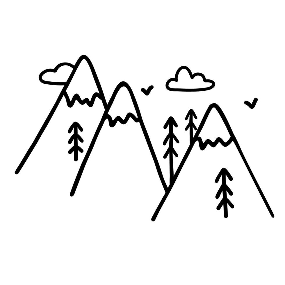 Cute hand drawn art with mountains and clouds in scandinavian style. Monochrome doodle vector illustration.